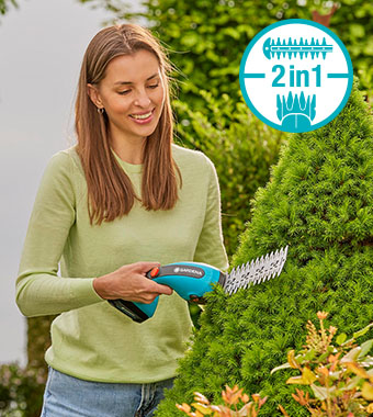 Easily switch from shrub to grass blades
without extra tools for various applications. Gardena 14750-55 18v Cordless PowerCut 18v Cordless Grass Shrub Shears 2in1
