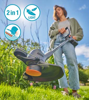 2in1 with easy switching between
trimming and edging modes. Gardena 14704-55 EasyTrim 25 P4A 18v Cordless Grass Line Trimmer 25cm Lightweight edging