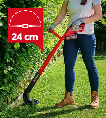 For effortless lawn care in hard-to-reach areas in the
garden and for trimming lawn edges, the motor head
can be rotated by 180° thanks to the edging function. Einhell GC-CT 18/2411 Li P 18v Cordless ergonomic Grass Trimmer 24cm Edging function