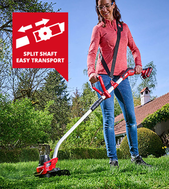 Split-shaft design: can be dissasembled
to take up less space in between uses. Einhell GE-CT-18-33-Li-E 18v Cordless Split-shaft Lightweight aluminium Grass Trimmer Flowerguard automatic line feed