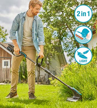 2in1 with easy switching between
trimming and edging modes. Gardena 14703-55 PowerTrim 30 P4A 18v Cordless Grass Line Trimmer 30cm Lightweight edging PowerBoost