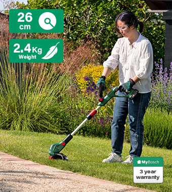 Flexible and comfortable edging, trimming,
and other lawn maintenance. Bosch UniversalGrassCut 18V-26-500 Grass Trimmer