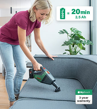 Runtime with 2.5ah Battery: Approx 20 mins Bosch UniversalVac 18v vacuum