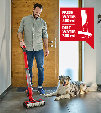 MULTI-SURFACE MASTERY:
Enjoy 3-in-1 wet floor cleaning with our unique microfiber and nylon
brush roll, ensuring a deeper clean on hard floors, area rugs, and
carpets. Make your cleaning routine more efficient with separate
dirty and clean water tanks that are a breeze to fill and empty. Einhell CLEANEXXO 18v Cordless BOOST Hard Floor Slim Cleaner multi-surface mop mopping microfiber parquet laminate PVC cork linoleum stone tiles Self-standing spilled liquid