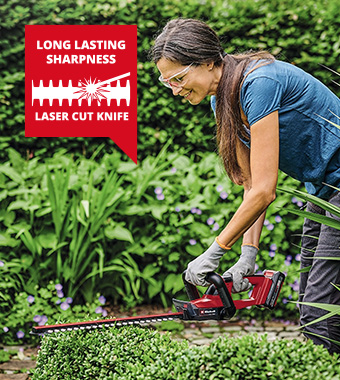 Blades made from laser-cut and diamond-ground steel. Einhell GC-CH-18-50-Li 18v Cordless Hedge Trimmer diamond-ground steel