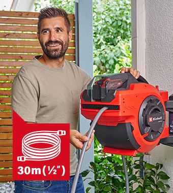 Suitable for wall mounting or portable use. Einhell GE-HR-18-30-Li 18v Cordless Hose Reel wall mounting