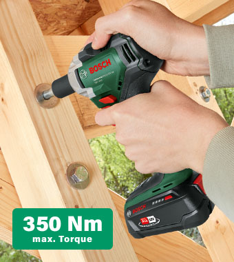 Versatile application thanks to max.
350 Nm torque, 3400 impacts/minute
and 3-speed/torque adjustment. Bosch UNIVERSALIMPACTDRIVE 18V-350 18v brushless Cordless 1/2inch square drive 350 Nm torque Impact Wrench