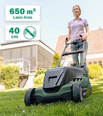 For impressively quiet mowing – convenient
features and excellent results. Bosch AdvancedRotak 36-650 Rotary Lawnmower Ergoslide GrassCombs ProSilence 650m² LeafCollect