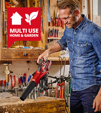 3-piece blowing pipe for various
applications in the home & garden
• Can be used as a leaf blower with
a long blowing pipe
• Can be used as a workshop blower
with a medium blowing pipe
• Can be used as a grill ignition aid with
a short precision blowing pipe Einhell GE-UB-18-250-Li-E 18v Cordless Leaf Blower multifunction compact workshop grill ignition aid Electronic speed control