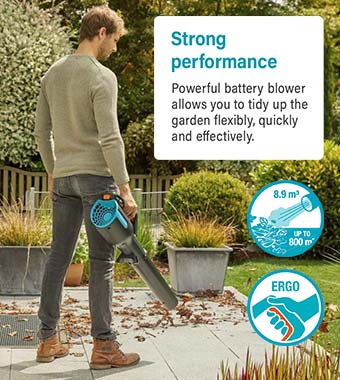 Powerful, lightweight &
convenient: anytime, anywhere. Gardena 14890-55 PowerJet P4A 18v Cordless Leaf Blower lightweight Blow speed
