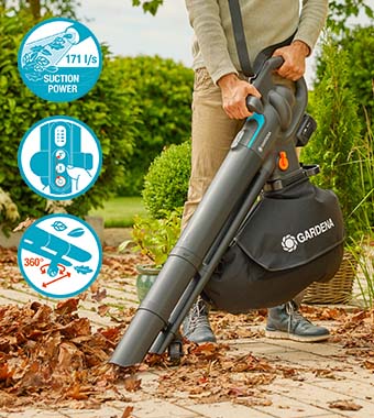 Banish leaves and debris from
your garden effortlessly. Gardena 14895-55 PowerJet Collect P4A 18v Cordless brushless motor Leaf Blower Vacuum PowerBoost high suction power