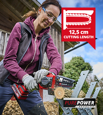 The PurePOWER brushless motor ensures top running
time, more endurance and maximum service life. Einhell GE-PS-18-15-Li-BL 18v Cordless Mini Pruning Chainsaw PurePOWER Brushless motor