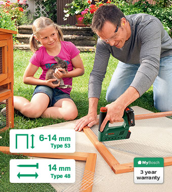Powerful stapling and nailing
onto hard and soft wood. Bosch UniversalTacker 18V-14 Cordless P4A Nail Tacker Stapler Push Release System