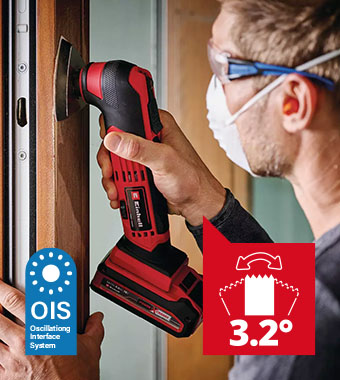 With the delta sanding shoe (oscillation angle
of 3.2°), you can easily sand window and
door frames or other objects made of wood
or metal with the right sandpaper. Einhell TE-MG 18/1 Li 18v OIS Quick-release fastener Oscillating Multi Tool Magnetic 12-pin tool holder