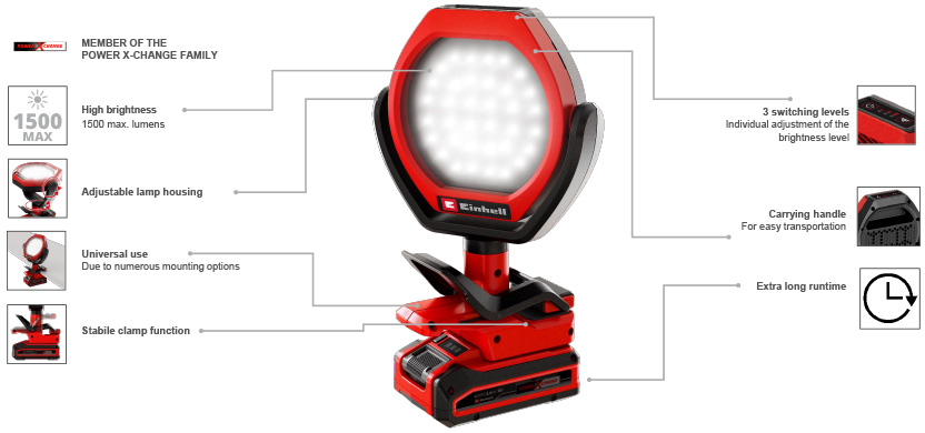 Features & Benefits
• Compact, portable cordless lamp for indoor and outdoor use
• Incremental adjustment of the LED light head
• 36 bright LEDs for bright illumination
• Adjustment for brightness in 3 levels
• Non-slip retaining clip for various fastening options
• Carrying handle for simple transportation Einhell GC-OL 18/1500 Li 18v Cordless Outdoor Work Light