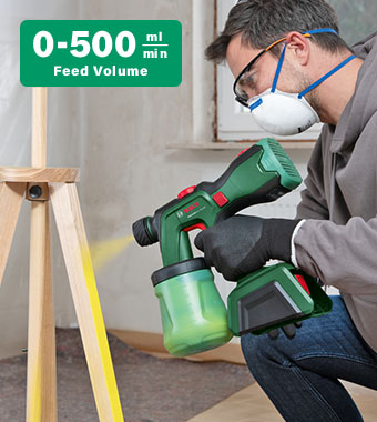 Perfect painting results via stepless
adjustment of paint and air volume flow. Bosch ADVANCEDSPRAY 18V-500 Cordless Paint Spray System varnish lacquer