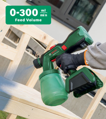 One convenient ALLPaint nozzle sprays
varnish, lacquer, wall paint, and more. Bosch UNIVERSALSPRAY 18V-300 Cordless Paint Spray System varnish lacquer