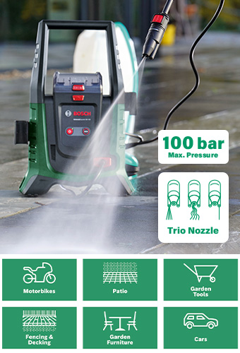 Trio Nozzle
Pencil, Fan & Roto settings with detergent
nozzle as standard for cleaning versatility. Bosch UniversalAquatak 36V-100 Pressure Washer Self Priming Pump Trio Nozzle