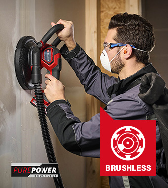 • Continuously variable speed control electronics
with powerful brushless motor.
• Infinitely adjustable milling depth with
additional fine adjustment.
• Depth adjustment with multi-stage turret stop. Einhell Professional TP-DWS 18/225 Li BL Cordless PurePOWER Brushless Drywall Sander 225mm