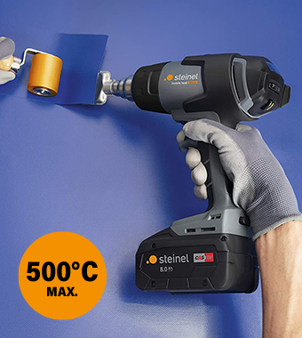 Flexible setting options:
Temperatures from 50°C to 500°C,
with 6 airflow rates (up to 300 l/min)
for any application. Steinel MH5 18v CAS Cordless Professional Hot Air Heat Gun