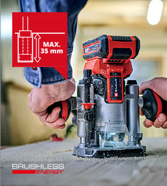 • Continuously variable speed control electronics
with powerful brushless motor.
• Infinitely adjustable milling depth with
additional fine adjustment.
• Depth adjustment with multi-stage turret stop. Einhell Professional TP-RO-18-Li-BL Cordless PurePOWER Brushless Plunge Router milling depth