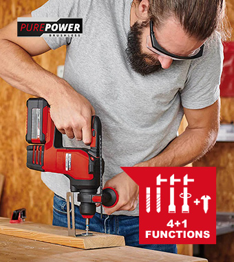 PurePOWER Brushless motor - more power and longer runtime
4+1 functions: Drilling/impact drilling/chiseling with & w/o lock. Einhell Professional HEROCCO-18-20 Cordless PurePOWER Brushless SDS-Plus chuck Hammer Drill