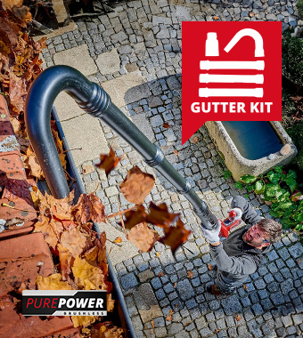 PurePOWER Brushless motor - more power and longer runtime
Split shaft - for ease of transport and space saver. Einhell Professional GP-LB-18-200-Li-E-GK Cordless PurePOWER Brushless Leaf Blower Gutter Cleaning Kit turbo function remove moist foliage