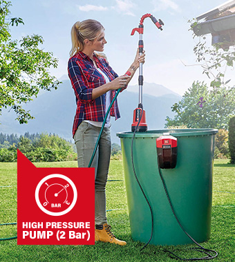 Powerful motor generates high delivery pressure (2 Bar) Einhell GE-PP-18-RB-Li 18v Cordless Rain Barrel submersible Pump Pressure 2 bar