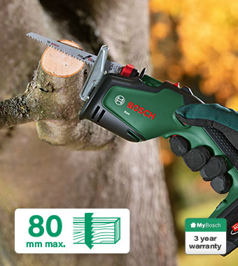 Effortlessly cut branches up to 80 mm
with the Swiss precision blade. Bosch KEO 18v Pruning Saw