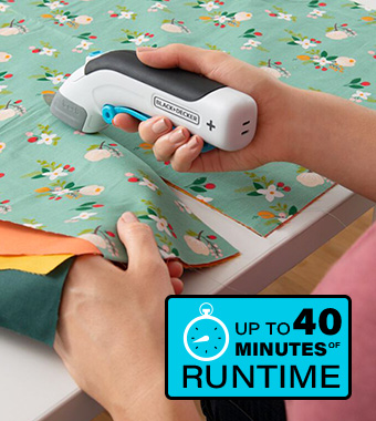 Up to 40 minutes of runtime, based on
cutting a single layer of 200 count cotton
fabric when fully charged. Black Decker BCSC115 Cordless Scissors craft project DIY