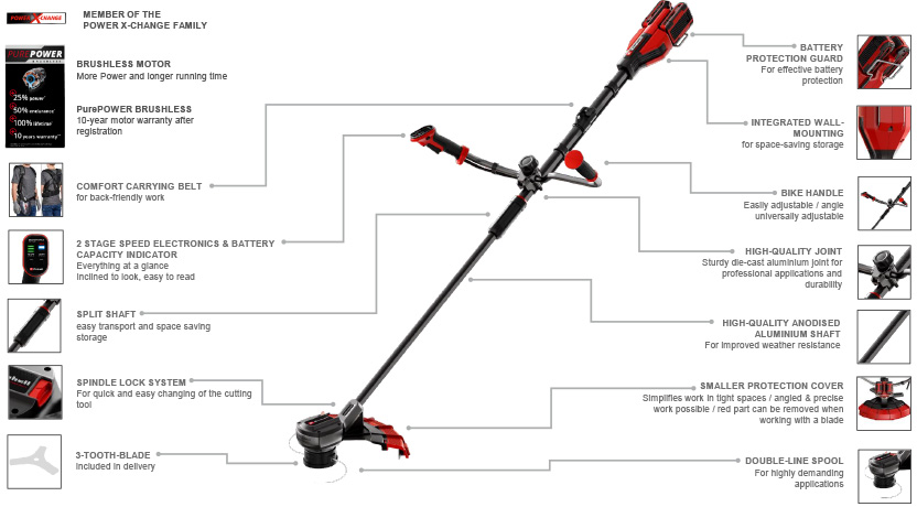 Features & Benefits
• Member of the Power X-Change family, 2 x 18V batteries required
• Brushless motor – more power and longer running time
• TWIN-PACK technology: 2x 18V Power X-Change batteries
• Universally adjustable two-hand control (bike-type handle)
• 2-stage RPM electronics, directly adjustable on the handle
• Divisible (split shaft) guide bar for easy transport
• High-quality anodised aluminium bar
• Battery capacity indicator located on the handle of the bike-type handle
• Spindle lock system for easy exchanges of cutting attachment
• Includes high-quality 3-tooth blade made of metal and a line trimmer spool Einhell Professional GP-BC 36/430 Li BL 36v Brush Cutter Brushless PurePOWER motor
