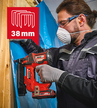 Suitable for 10–38 mm
long and 5.7 mm wide staples. Einhell FIXETTO 18-38-S 18v Cordless Staple Gun
