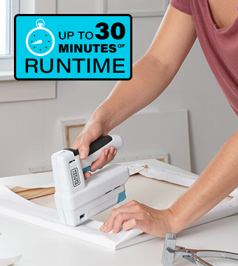 Up to 30 minutes of continuous stapling,
based on stapling into pine wood with
12mm x 10mm staples when fully charged. Black Decker BCN115 Cordless Stapler Brad Nailer craft project DIY