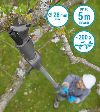 integrated extension tube reach up to 3.6 meters, allowing you to prune at a height of up to 5 meters