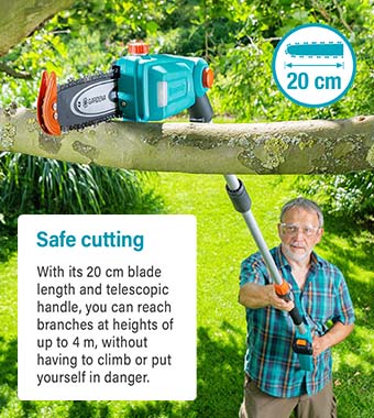 Telescopic shaft for pruning
tree branches at height. Gardena 14770-55 TCS 20/18 P4A 18v Cordless Telescopic Tree Pruner 20cm pruning height