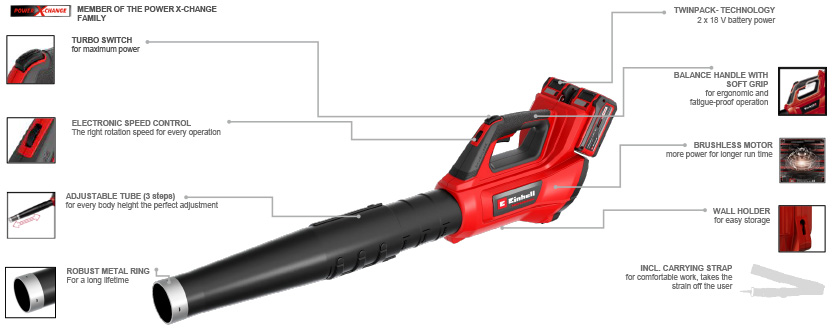 Features & Benefits
• Member of the Power X-Change family
• Brushless motor – more power and longer run time
• Includes turbo switch – for maximum blowing capacity
• Removable tube with toolless adjustment to 3 positions
• Electronic speed control
• Balance handle with soft grip for ergonomic working
• Integrated wall mount for easy storage
• Rugged metal ring for removing wet leaves
• Comfortable shoulder strap for comfortable use Einhell Professional GP-LB 36/230 Li E BL Twin-Pack 36v Leaf Blower Brushless PurePOWER motor