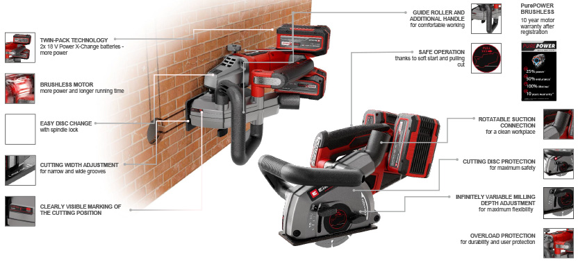 Features & Benefits
• Brushless motor – more power and longer running time
• PurePOWER brushless – 10-year motor warranty with registration
• TWIN-PACK technology: 2x 18 V Power X-Change batteries – more power
• For dimensionally accurate cuts and grooves in masonry or similar materials
• Maximum flexibility thanks to steplessly variable groove depth adjustment
• Cutting width adjustment for narrow and wide channels
• Rotatable extraction port for a clean work area
• Overload protection for durability and user safety
• Safe operation thanks to soft start and pulling cut
• Guide roller and auxiliary handle for comfortable work
• Maximum safety with two-handed operation
• Easy disc change via spindle lock
• Easy-to-see marking of the cutting disc position
• Includes 2x diamond cutting discs Einhell Professional TP-MA 36/30 Li BL 36v Wall Chaser Brushless PurePOWER motor