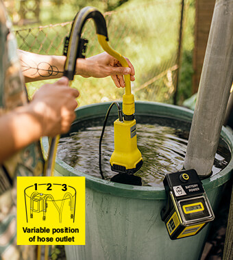 Variable positioning of the
hose outlet in 3 positions. Karcher BP 2000 18v Cordless Barrel Garden Water Pump