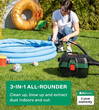 For dirt, dust and inflating: the portable
3-in-1 wet and dry vacuum cleaner. Bosch AdvancedVac 18V-8 P4A Wet and Dry Cordless Vacuum Cleaner