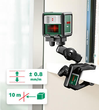 Makes aligning accurately accurate
• Easy and versatile positioning via
universal clamp MM2 and adapter plate.
• Projects both horizontal and vertical
laser lines simultaneously, with a 10 m
working range and accuracy of
+/- 0.8 mm/m for perfect results. Bosch 0603663503 QUIGO Self-Levelling Cross Line Laser Level universal clamp MM2