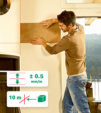 Projects your ideas precisely on the wall
• Accurate projection of a laser cross with additional
top and bottom plumb points.
• High-quality, bright laser diodes with accuracy of
+/- 0.5 mm/m for precise working results. Bosch 0603663802 UniversalLevel2 Cross Line Laser Level