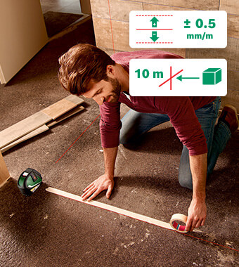 Perfect for renovations, decorating,
and maintenance work
• Projection of a laser cross with additional vertical line
at a 90° angle and bottom plumb point.
• High-quality, bright laser diodes with accuracy of
+/- 0.5 mm/m for precise working results. Bosch 0603663905 UniversalLevel3 Cross Line Laser Level Tripod Set