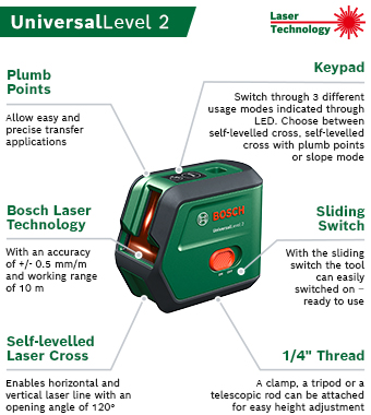 The laser level for projects requiring
precise alignment and point transferring. Bosch UNIVERSALLEVEL 2 Cross-Line red self-levelling plumb points Laser Level 0603663f00