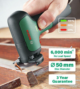 The compact problem solver: multi-material
cutting for every day
Multi-material cutting e.g. wooden panels, plastic,
carton, and even metal
Also capable of completing small sanding
applications or deburring
Easy-to-use and highly secure: 2-step activation,
automatic shutdown
Ready for use within seconds, nearly no setup
time required
Enduring Li-ion battery; two cutting discs
(multi-material, metal); compact Bosch EasyCut&Grind Cordless Multi-material Cutter & Grinder compact