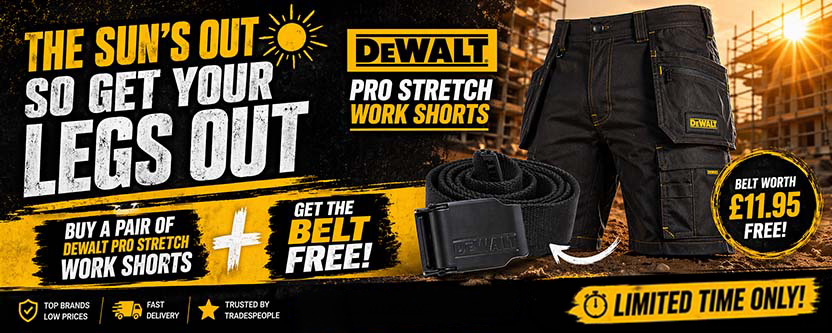 DeWalt Hamden Pro Stretch Holster Pocket Work Shorts – Free Belt Offer, Ripstop Fabric, 9 Pockets DeWalt Hamden Pro Stretch holster pocket work shorts in black – free belt worth £11.95, tear-resistant Ripstop fabric, 9 pockets, water-resistant, only at Tooled-Up