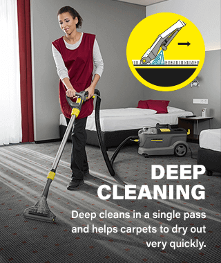 Deep Cleaning
Deep cleans in a single pass and
helps carpets to dry out very quickly. Karcher PUZZI 102 Deep Cleaner