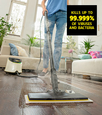 Kärcher SC 3 Deluxe Home Steam Cleaner – Kills 99.999% of Viruses & Bacteria Kärcher SC 3 Deluxe Home steam cleaner mopping a hardwood living room floor, Hygienic Floor Cleaning Kills up to 99.999% of viruses and bacteria
