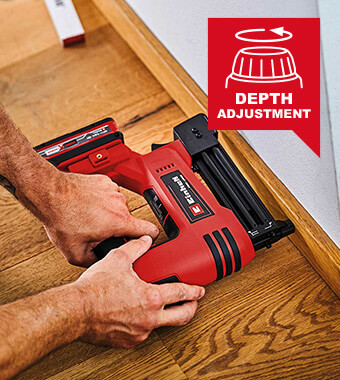 Depth setting facility for
variable penetration depth. Einhell TE-CN 18 Li Cordless Nailer Stapler 2in1 fastening stapling