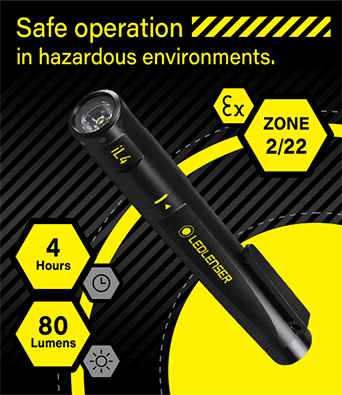 Features:
• EX Zone 2/22 - safe operation in hazardous environments.
• ATEX and IECEx compliant.
• 4 Hours Max Battery Life.
• Up to 80 powerful lumens. LEDLenser iL4 ATEX IECEx LED Pen Torch