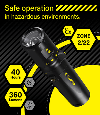 Features:
• EX Zone 2/22 - safe operation in hazardous environments.
• ATEX and IECEx compliant.
• 40 Hours Max Battery Life.
• Up to 360 powerful lumens. LEDLenser iL7R Rechargeable ATEX IECEx LED Torch